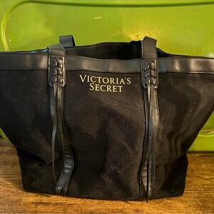 Victoria Secret Women’s Black Leather and Canvas Large Tote Shoulder Bag